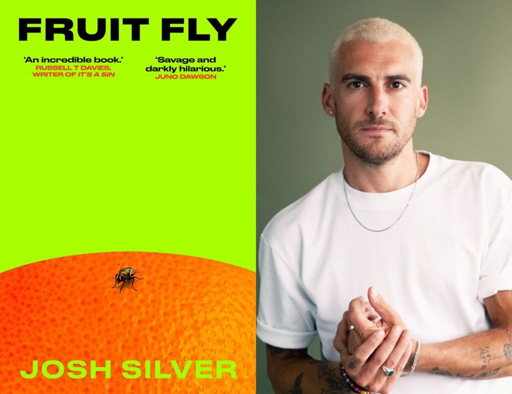 Fruit Fly book cover which features a fly sitting on an orange, alongside a picture of the author in a white T-shirt. He has cropped blonde hair.
