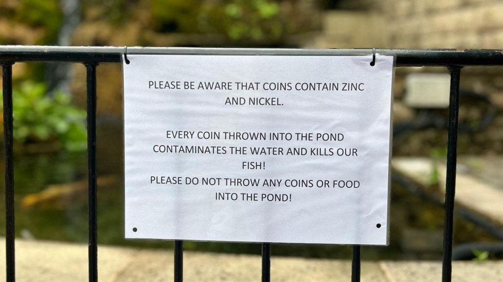 Sign warning people not to throw coins or food in the pond