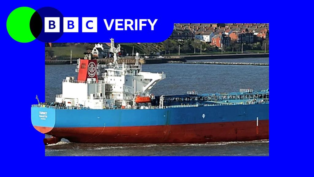 The Forwarder anchored at port. The tanker is imposed over the BBC Verify colours and branding.