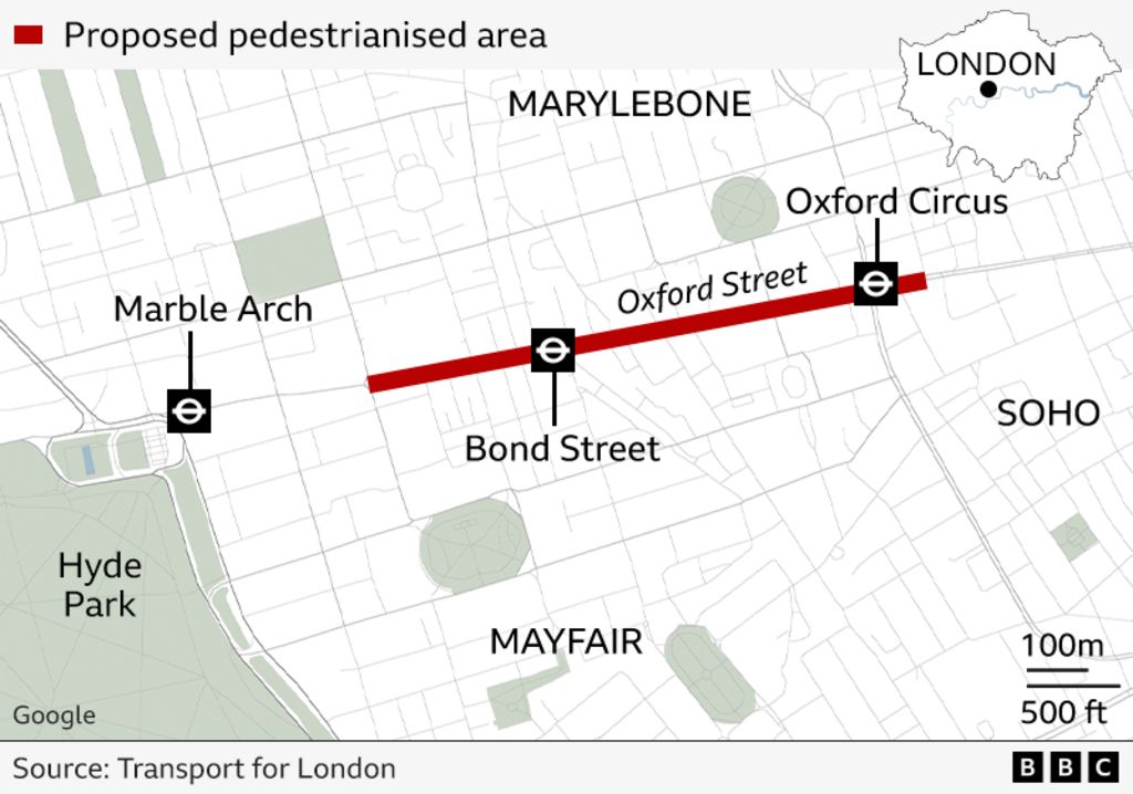 A map of Oxford Street and the surrounding area with the part to be pedestrianised marked in red