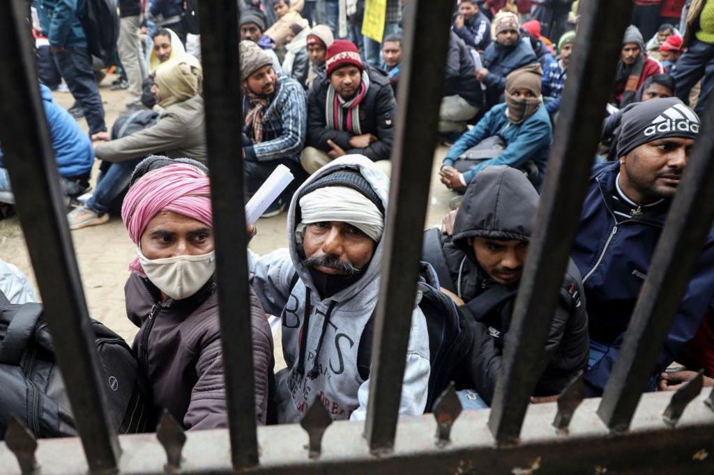 Indian workers gather to seek employment in Israel during a recruitment drive at the Industrial Training Institute (ITI) in Lucknow, capital of India's Uttar Pradesh state on January 25, 2024