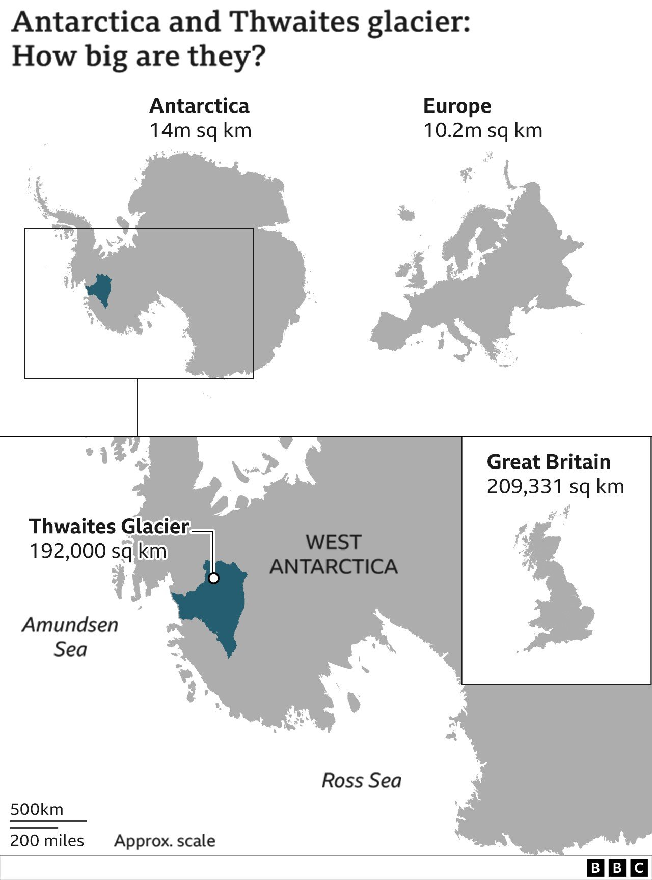 Карта, показывающая размеры и расположение ледника Туэйтс
