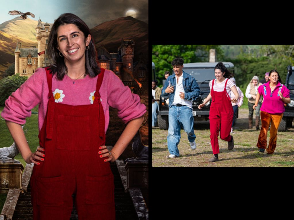 Two photos of Traitors contestant Charlotte in red dungarees from Series 3