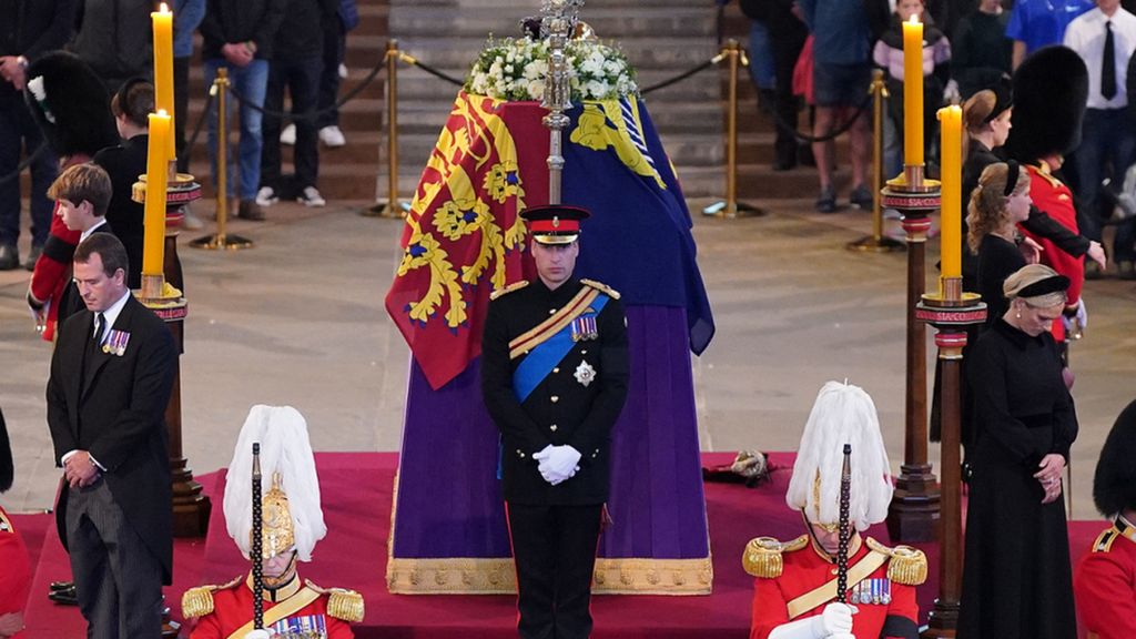 The Queen's eight grandchildren, led by Princes William and Harry, stood vigil at her coffin at Westminster Hall
