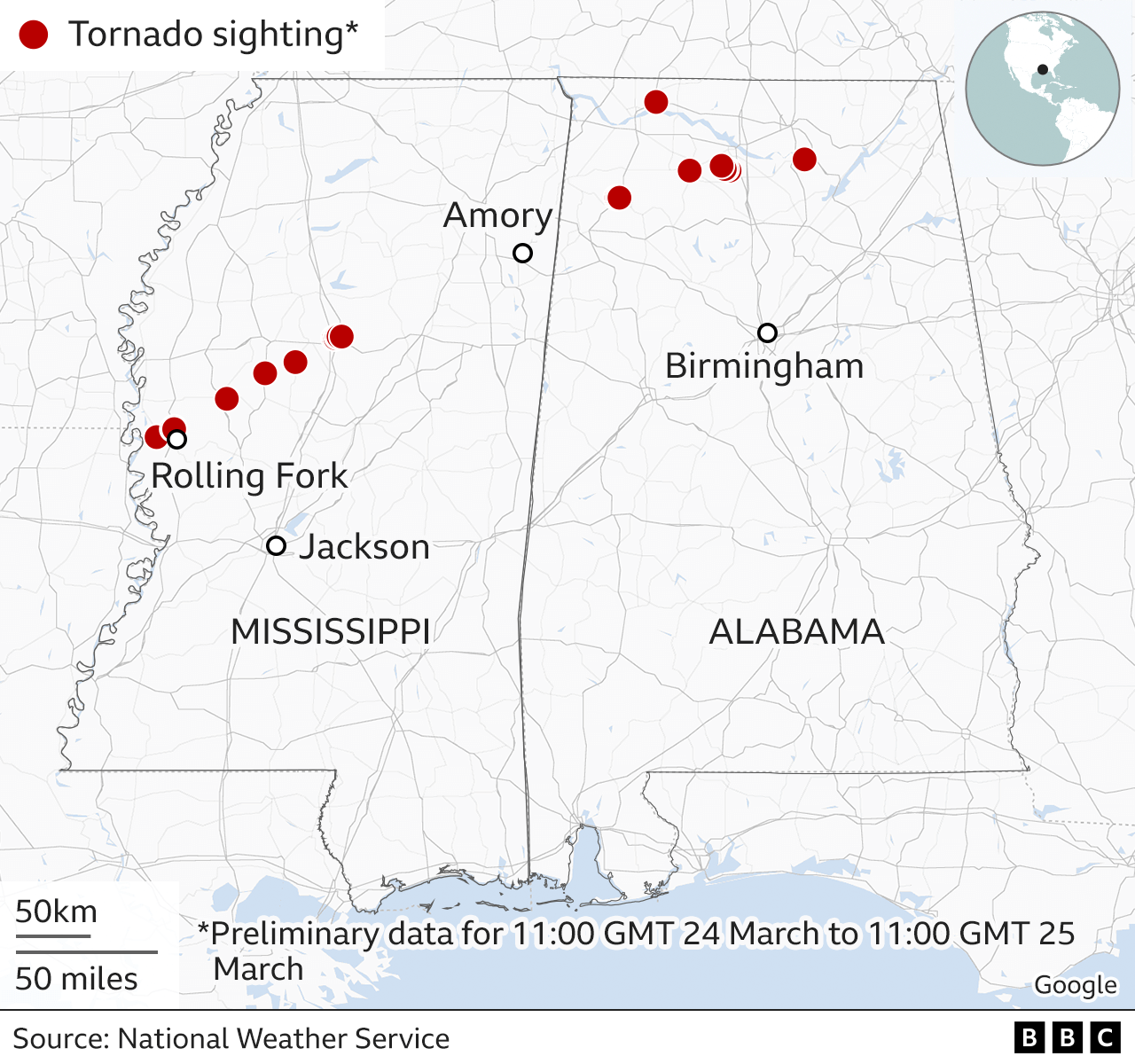 Map showing locations of tornado sightings