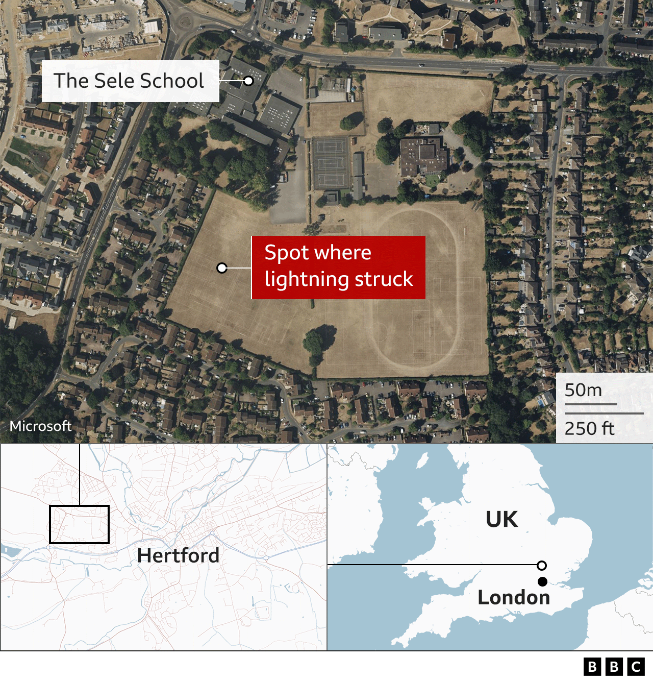 Map showing The Sele School and where the lightning struck on the playing field