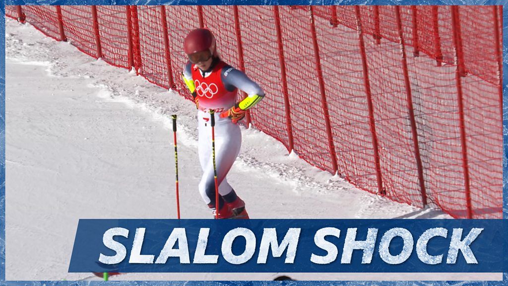 Winter Olympics: USA's Mikaela Shiffrin slides out on first run in women's giant slalom