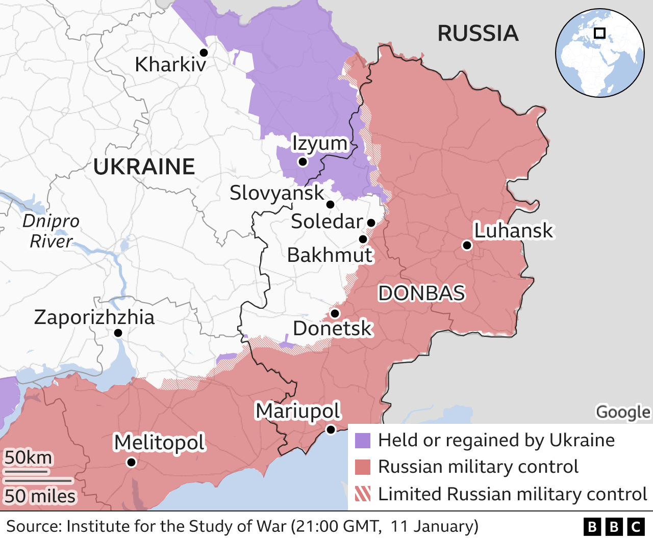 Газрын зураг дээр Донбасс бүс нутаг болон Бахмут, Соледар мужууд ширүүн тулаан үргэлжилж байгаа газруудыг харуулсан байна