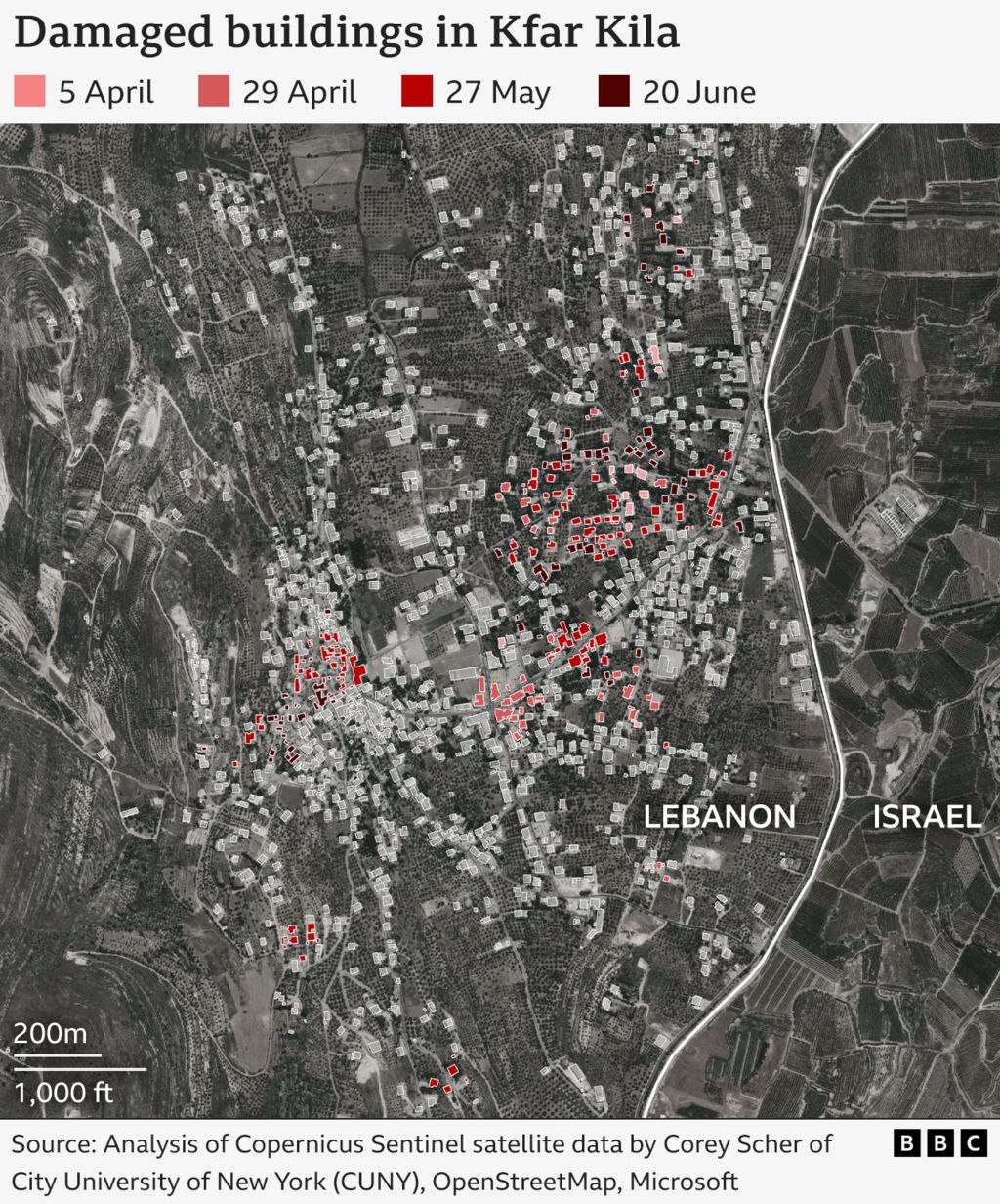 An illustrated map shows the location of damaged buildings in Kfar Kila