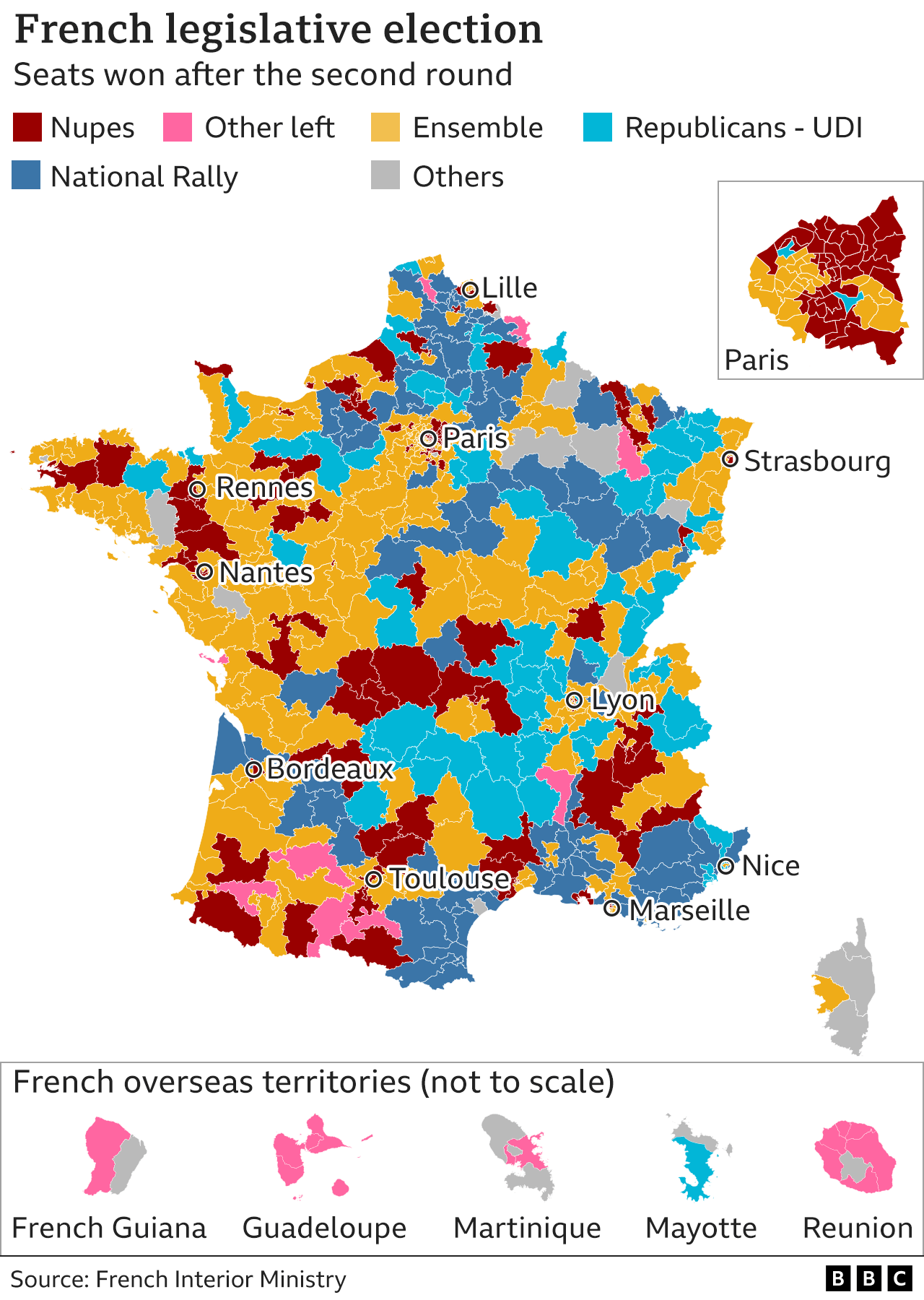 Карта показывает результаты выборов в законодательные органы Франции