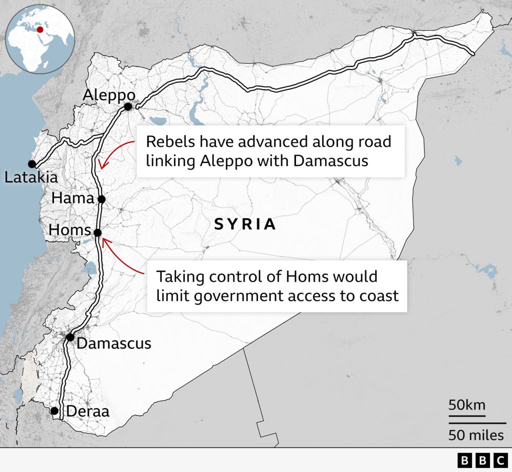 Map showing the main M5 road that connects Aleppo in the north of Syria next the border with Turkey, down through the cities of Hama and Homs, to the capital Damascus in the southwest of the country.