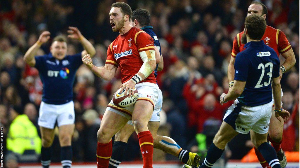 George North celebrates scoring against Scotland in the Six Nations win in Cardiff in 2016