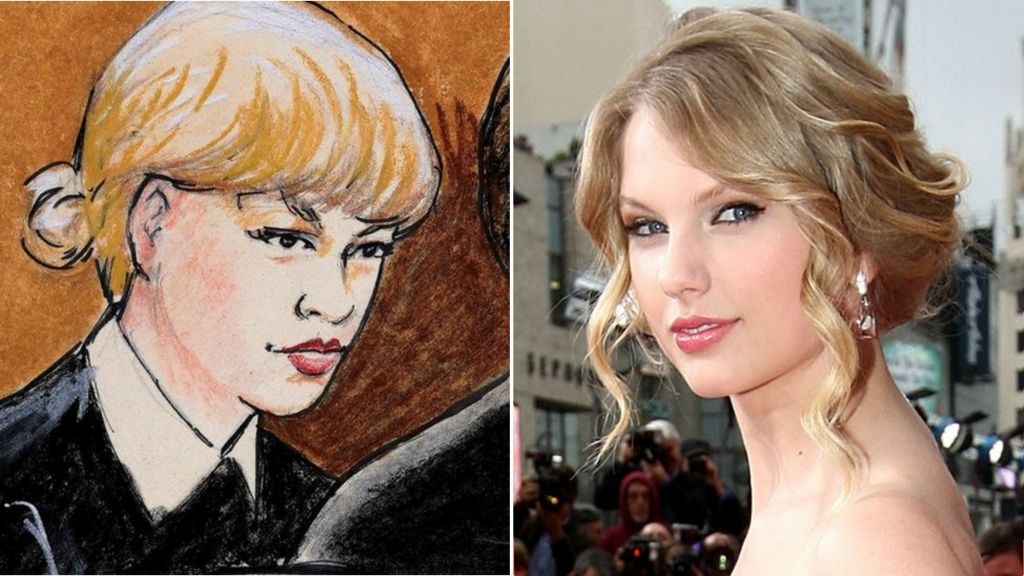 Composite image showing a court drawing of Taylor Swift and a file photo of Taylor Swift from 2009