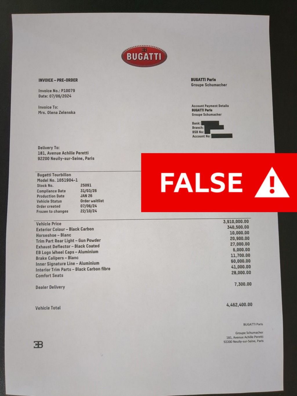 A fake version of an invoice from a Bugatti dealership, with a "FAKE" stamp on it