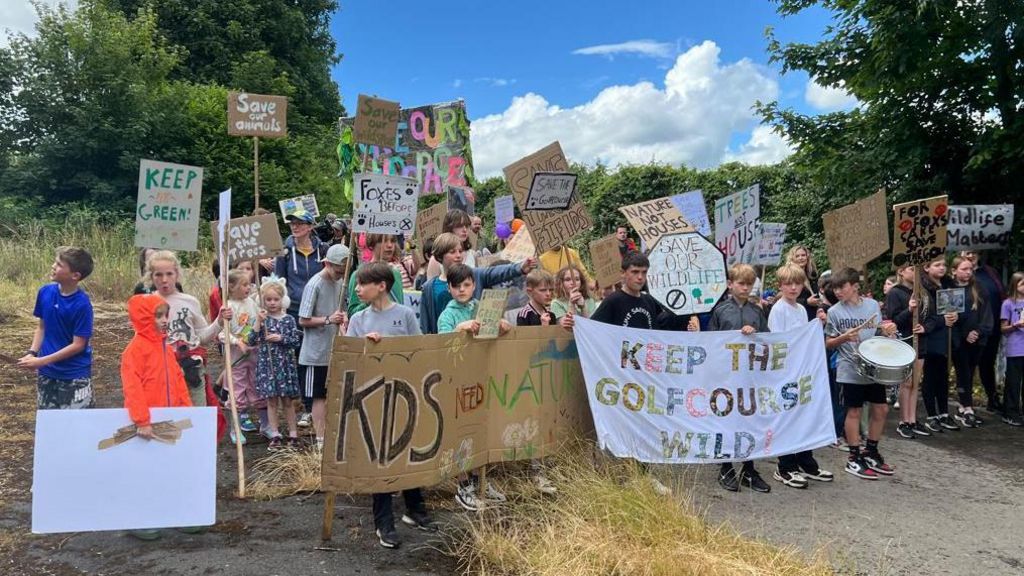 A group of around 30 schoolchildren holding placards and signs. 