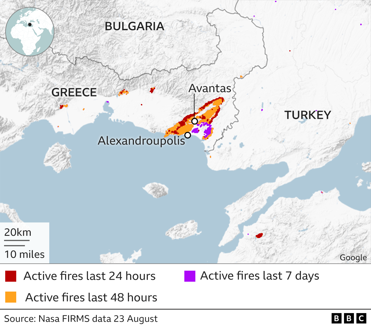 Map showing fires around Alexandroupolis