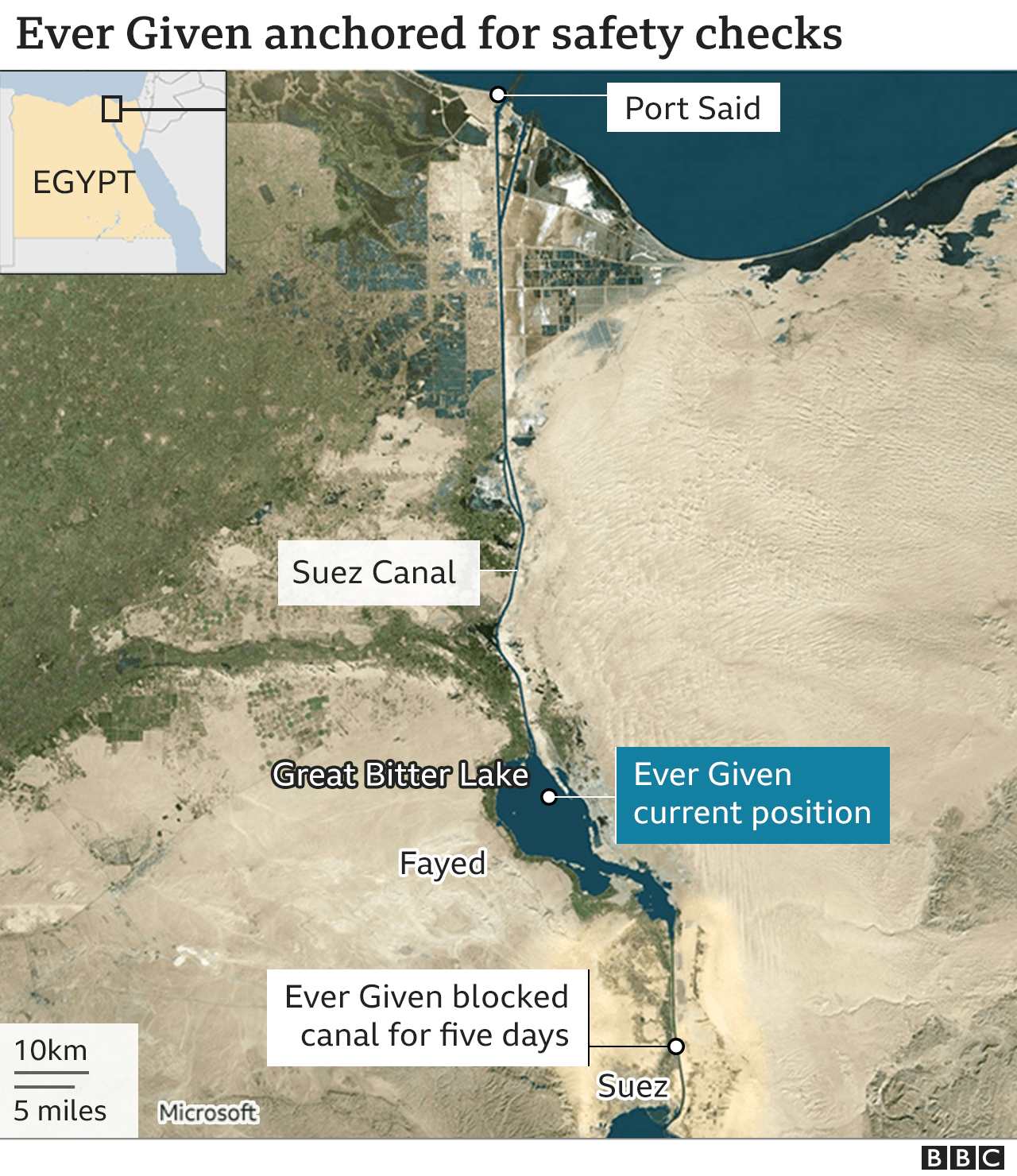 Map showing Suez Canal and location of Ever Given in the Great Bitter Lake (30 March 2021)