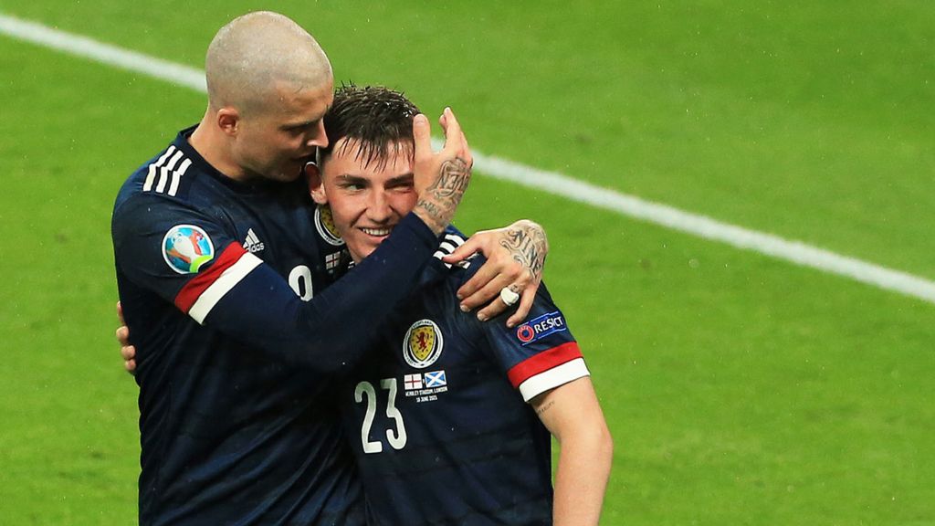 Scotland's Lyndon Dykes and Billy Gilmour during the match