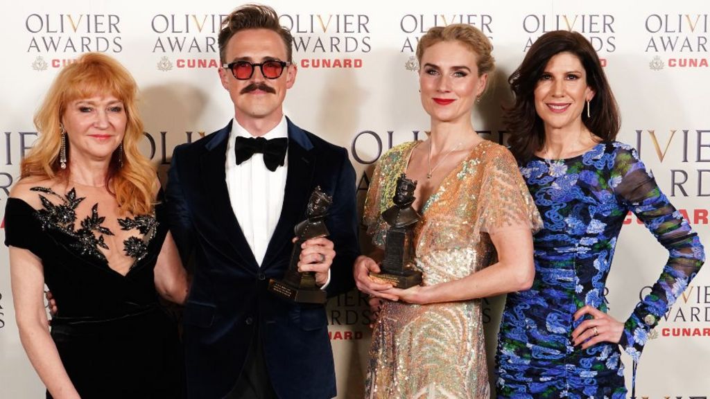 Sonia Friedman, Tom Fletcher, Jessica Swale and Eliza Lumley with their Cunard Best New Musical award for Paddington at The Olivier Awards at the Royal Albert Hall, London.