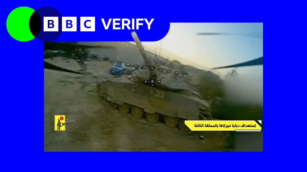A screenshot from a video feed of an FPV drone, it is approaching a tank
