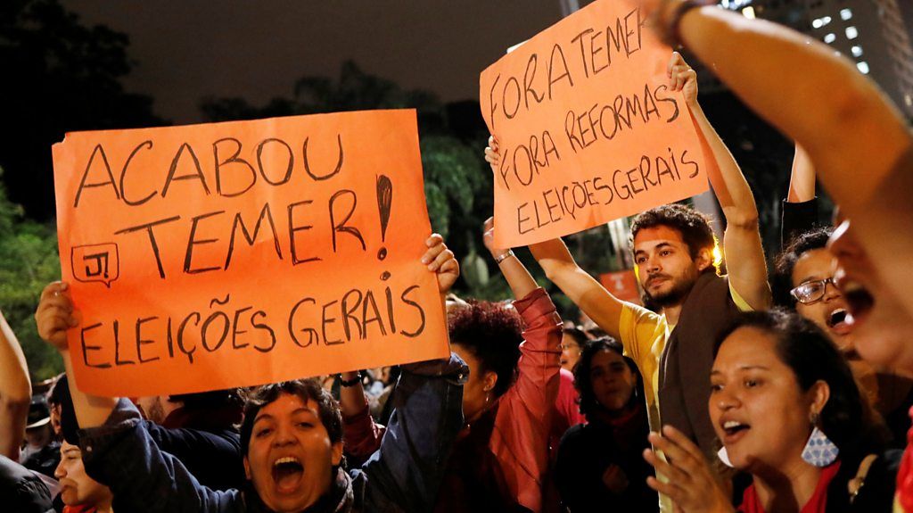 Demonstrators protest against Brazil"s President Michel Temer in Sao Paulo, Brazil, 17 May 2017.