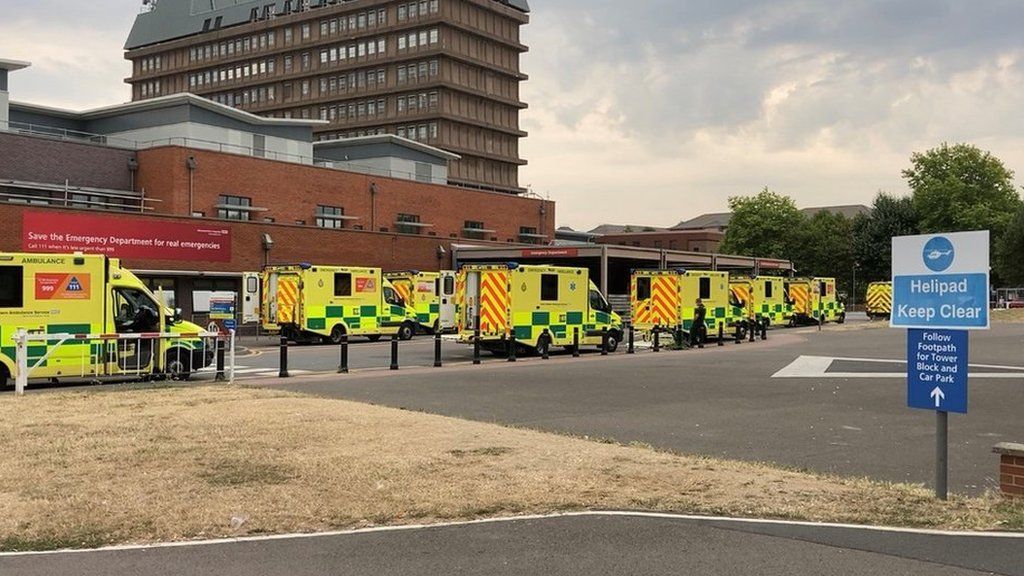 Ambulances queuing outside Gloucestershire Royal Hospital