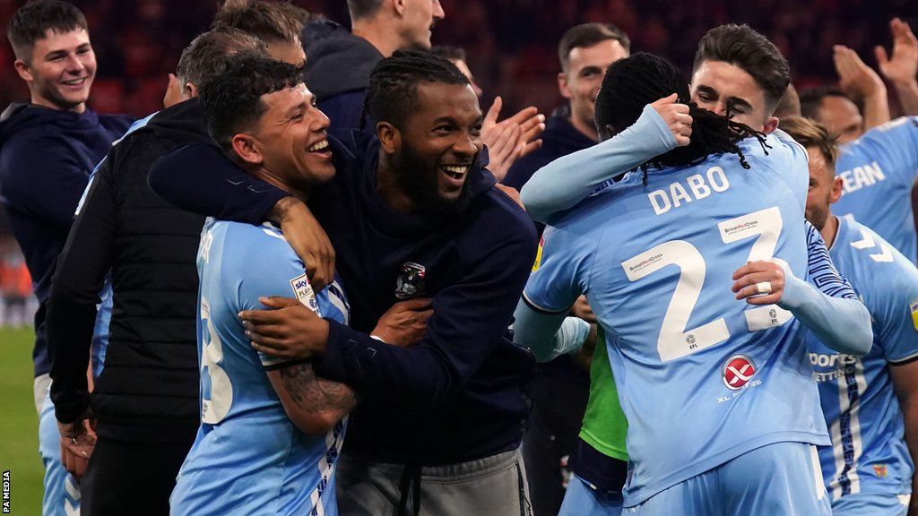 Coventry City players celebrate reaching the play-off final