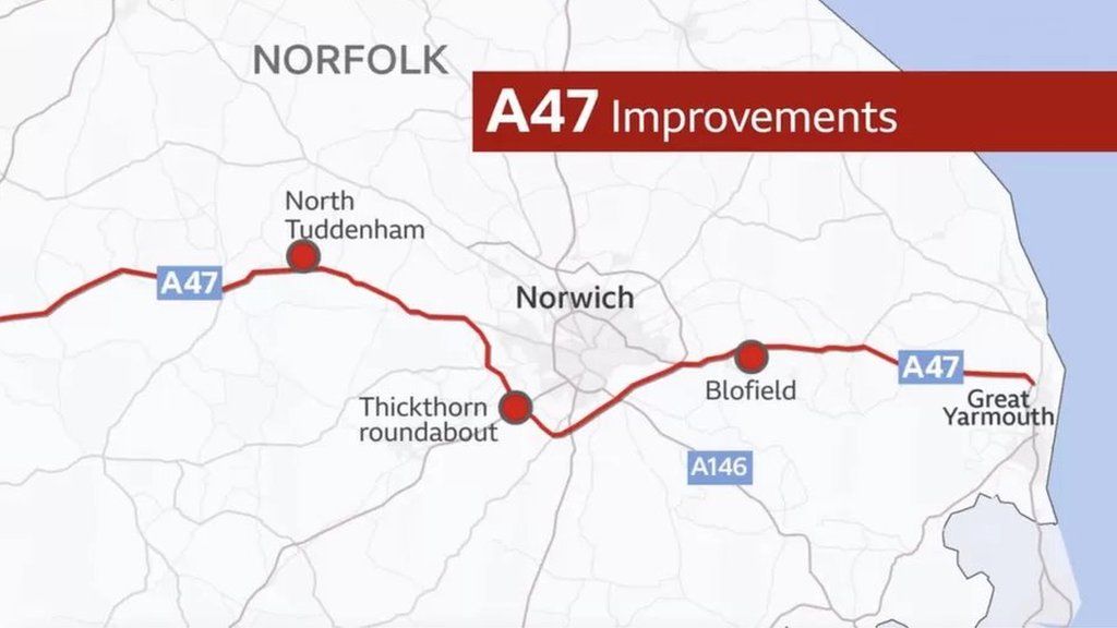 Map showing the planned improvements to the A47