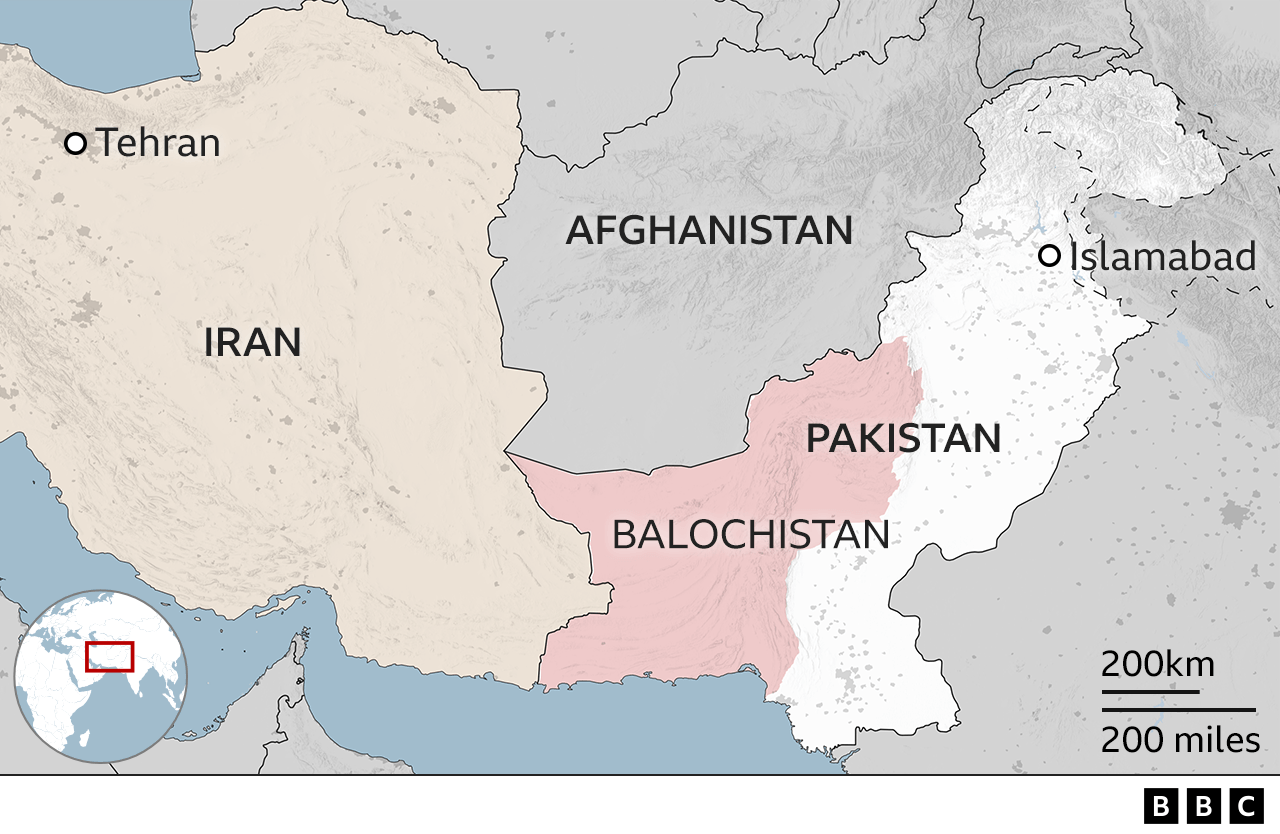 Map of Pakistan and Iran, highlighting Pakistan's vast western region of Balochistan, which sits on the border with Iran.