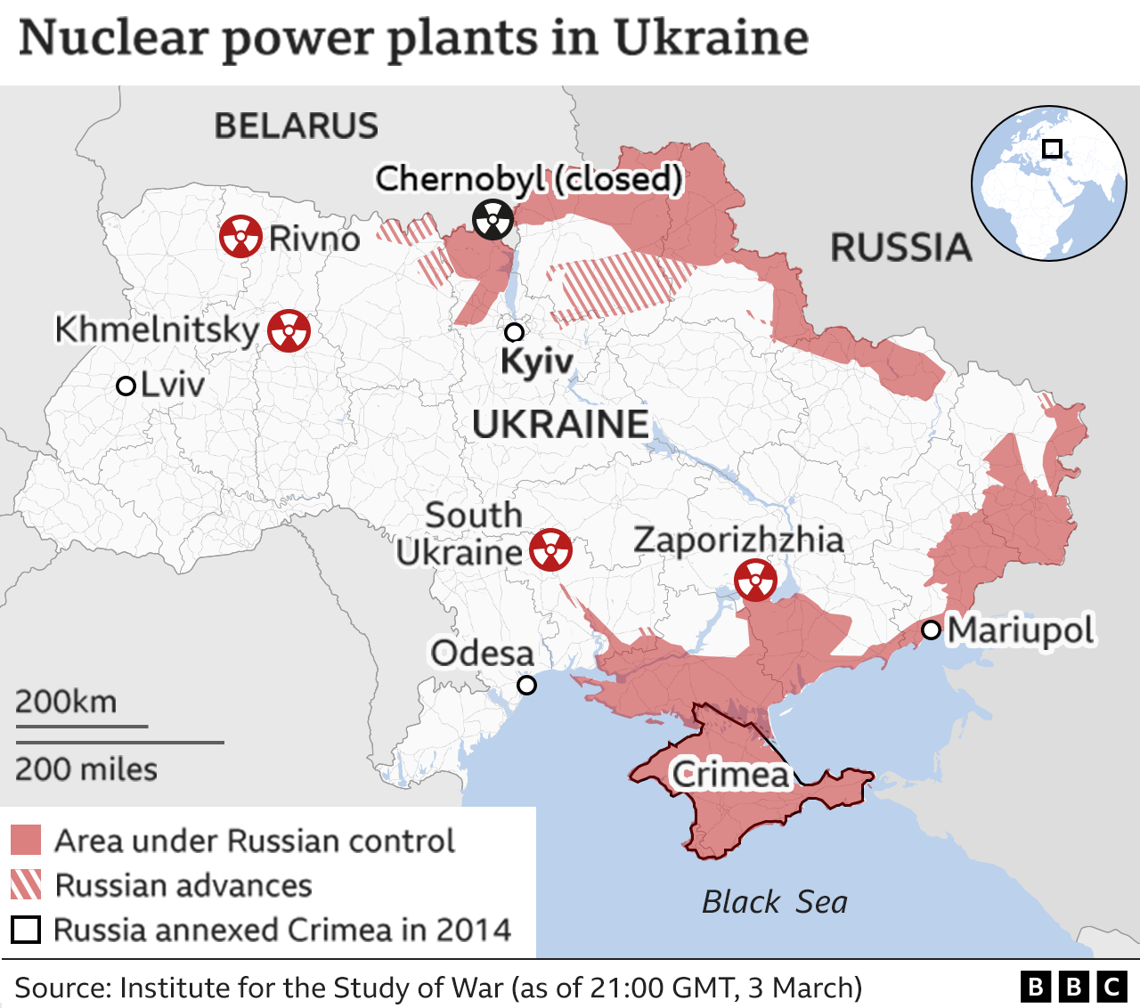 Map showing the location of Ukraine's nuclear power plants and Russian troop advances