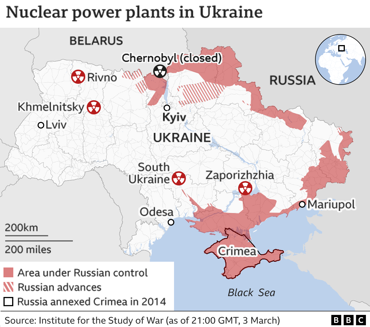 Mappa che mostra la posizione delle centrali nucleari ucraine e l'avanzata delle truppe russe