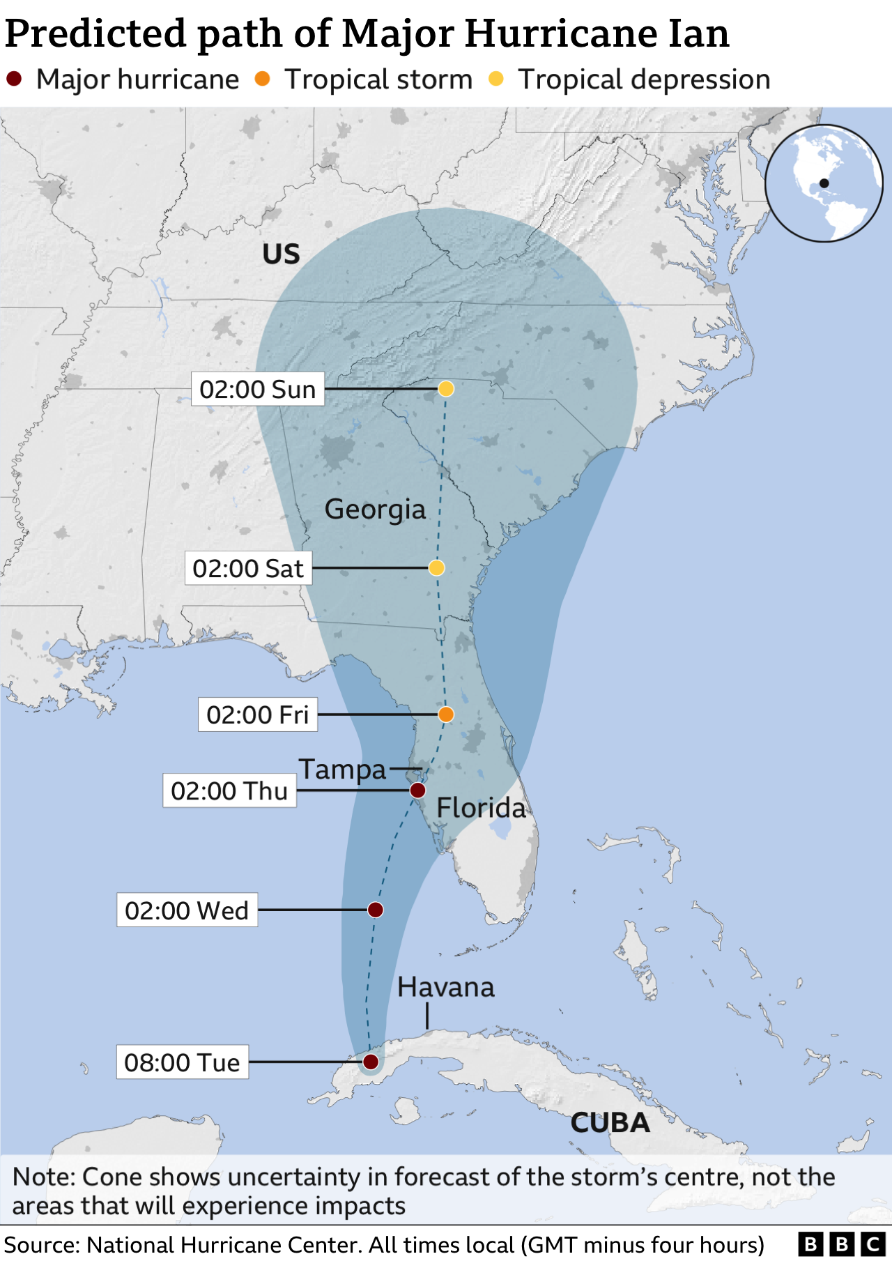 Прогнозируемый путь урагана Ян. Обновлено 27 сентября