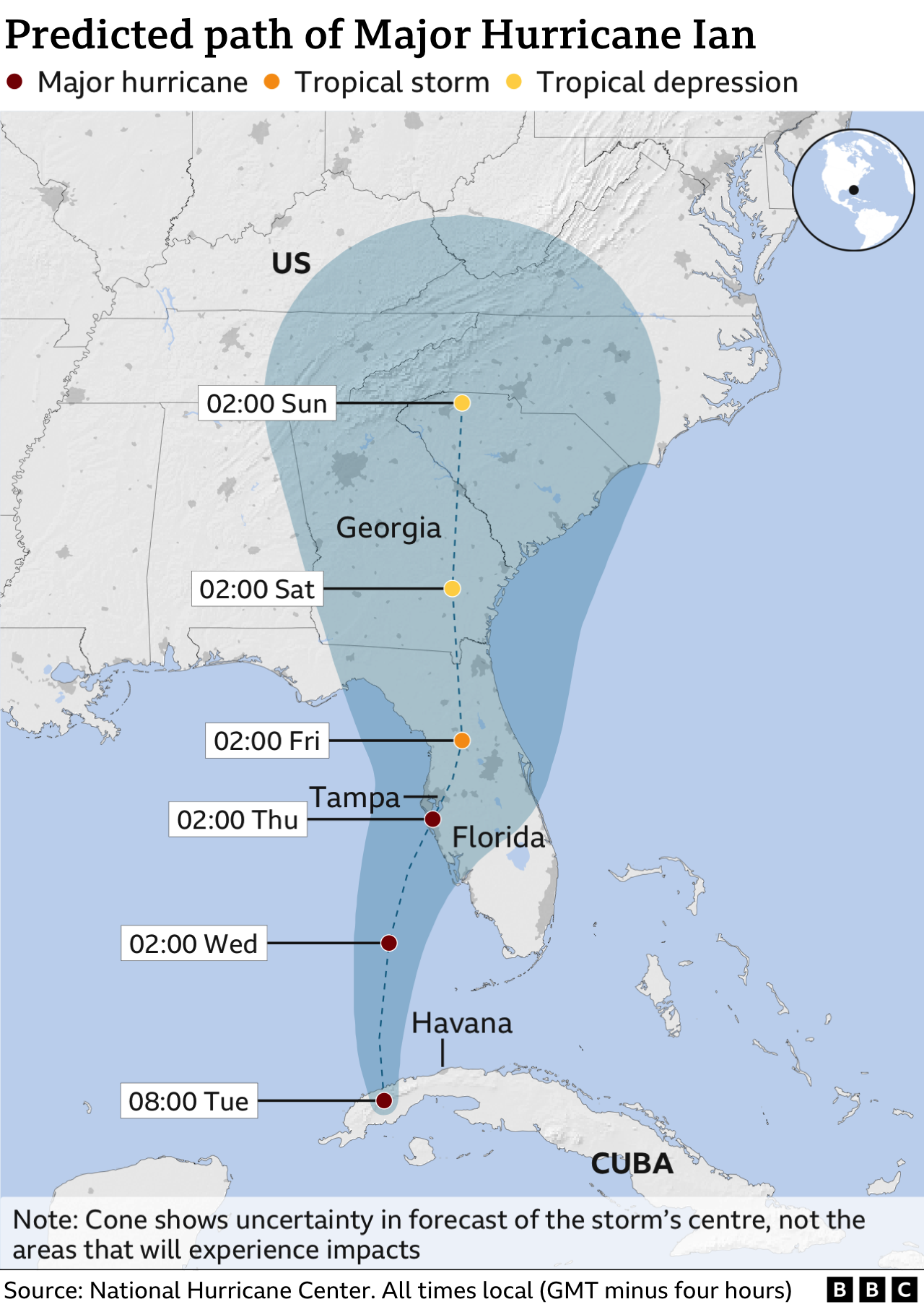 Predicted path of Hurricane Ian. Updated 27 September