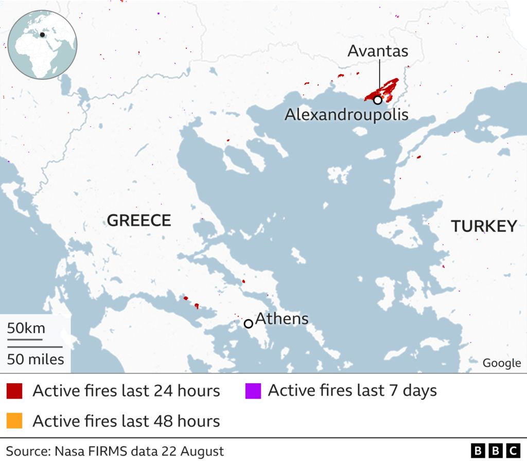 A map of fires in Greece