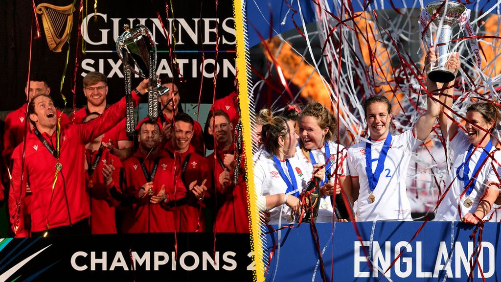 Wales lifting the men's Six Nations trophy and England lifting the Women's Six Nations
