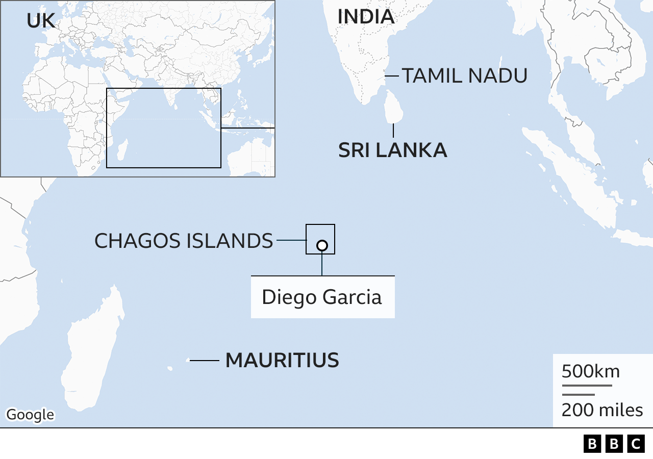Map showing the location of the Chagos Islands and Diego Garcia in the Indian Ocean, hundreds of miles south-west of Sri Lanka