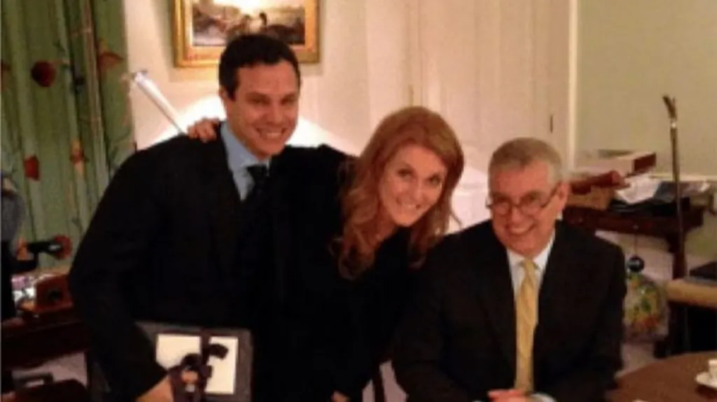 A photograph of Stern, Ferguson and Mountbatten-Windor posing for a photograph together 