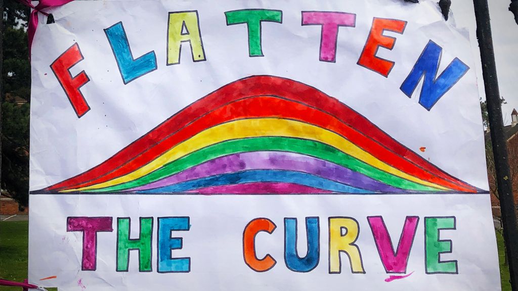 Art of rainbow with words 'flatten the curve'