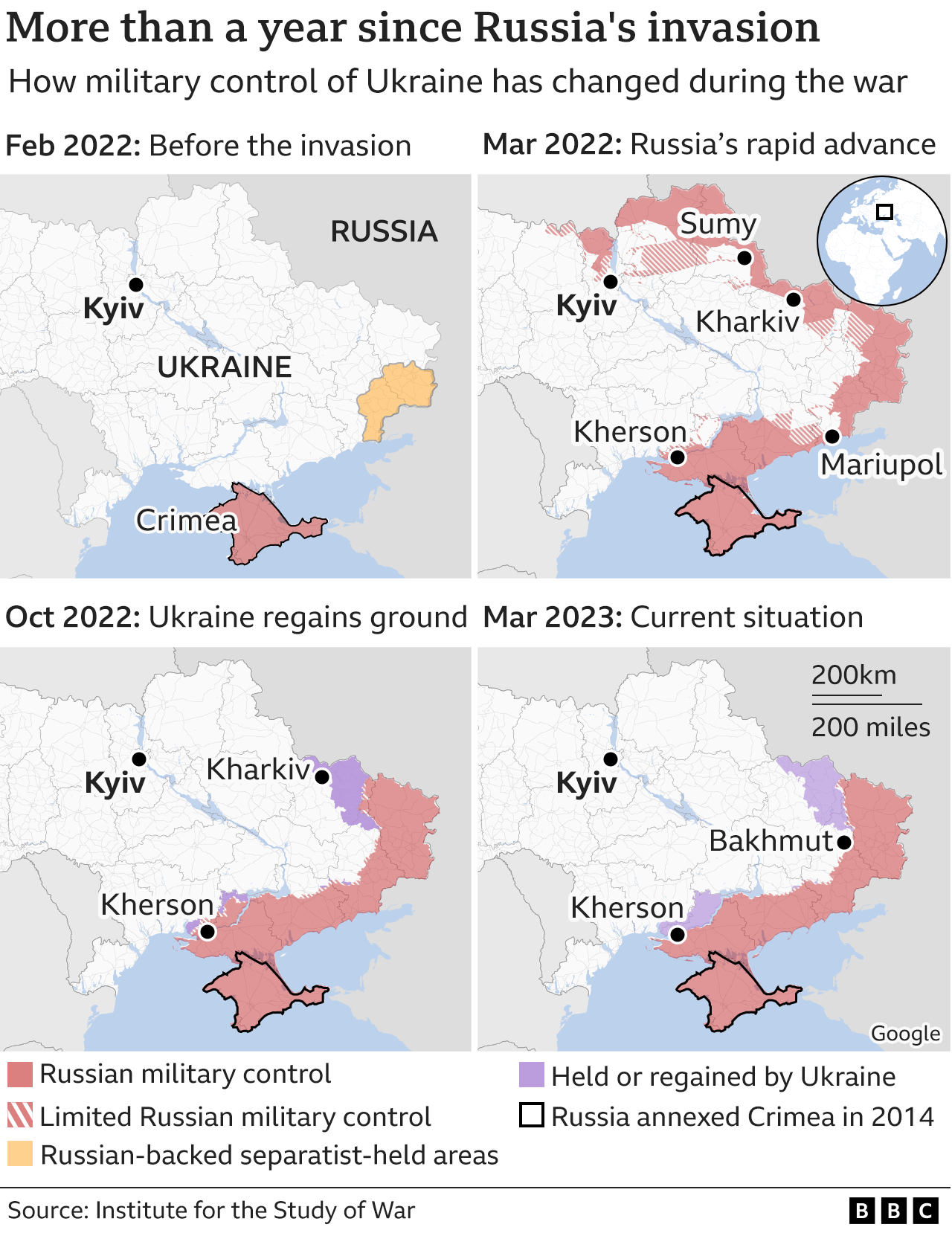 Four maps showing how the situation has changed on the ground since Russia's invasion..