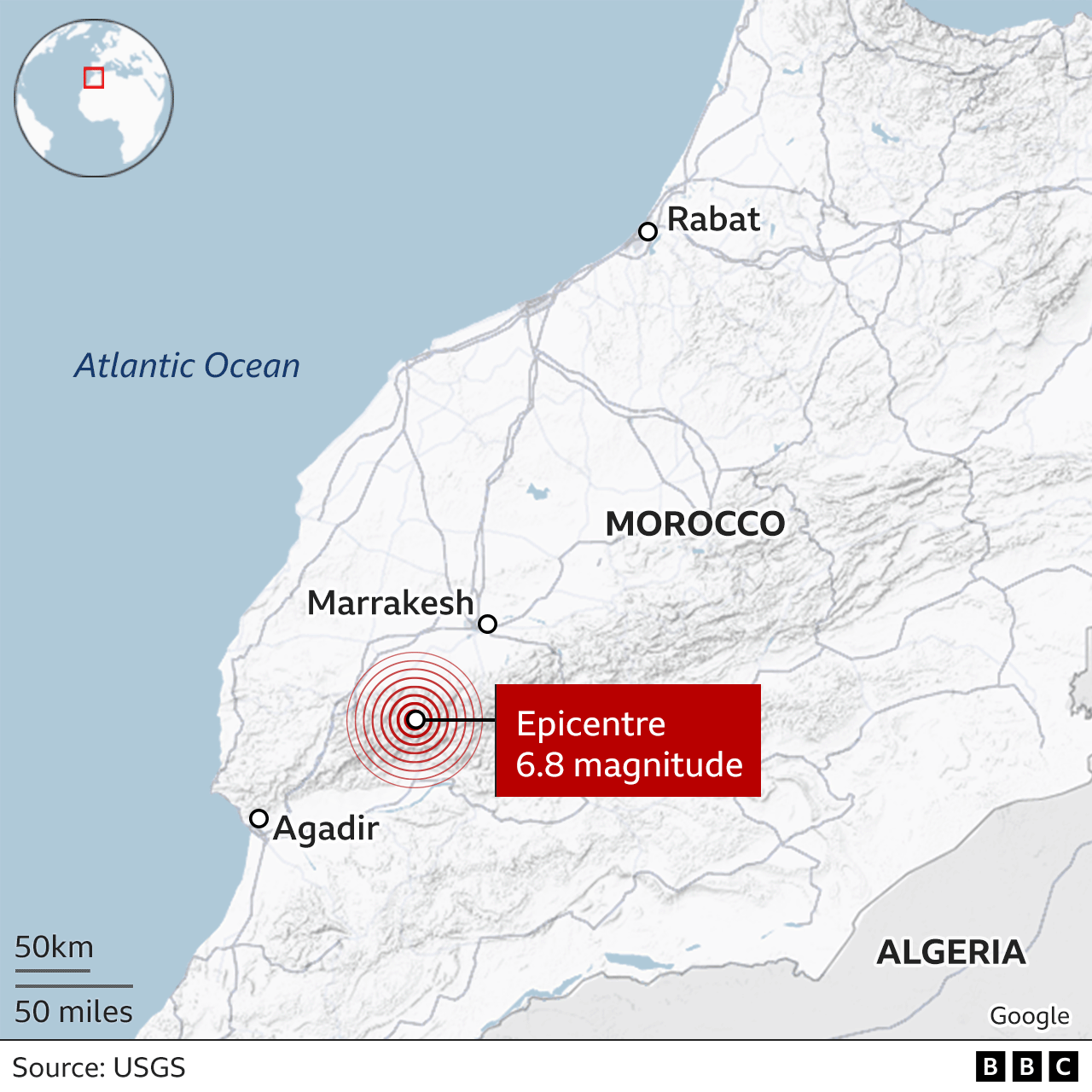 Map of Morocco showing epicentre of earthquake