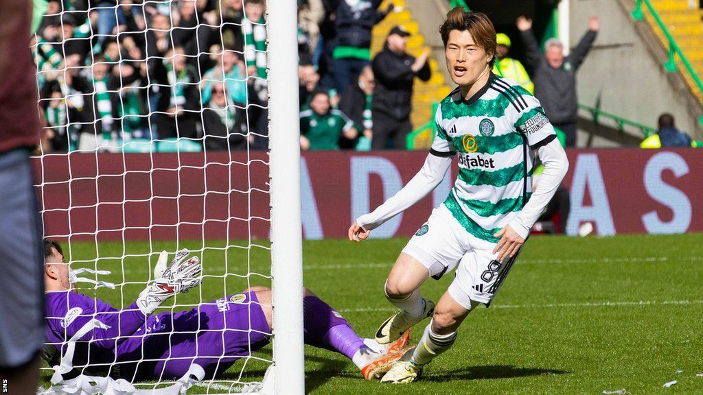 Celtic's Kyogo Furuhashi wheels away after scoring