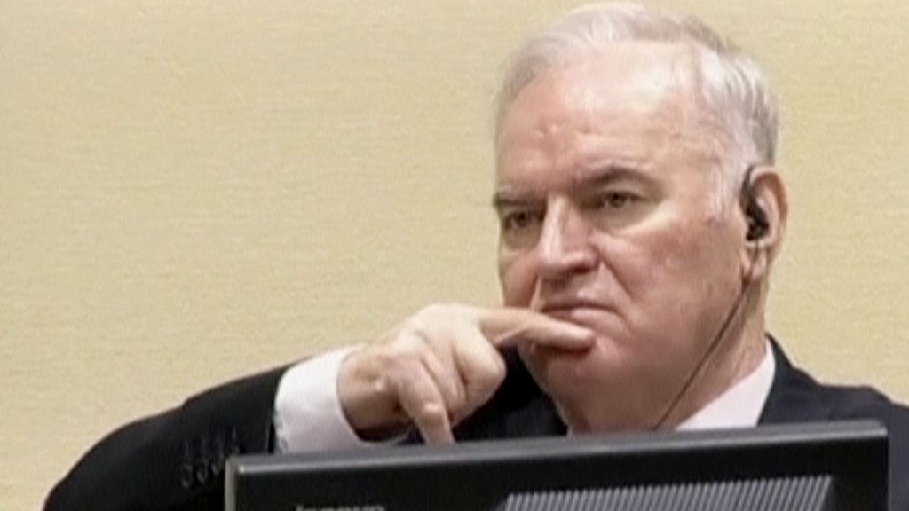 Ex-Bosnian Serb wartime general Ratko Mladic reacts in court at the International Criminal Tribunal for the former Yugoslavia in the Hague