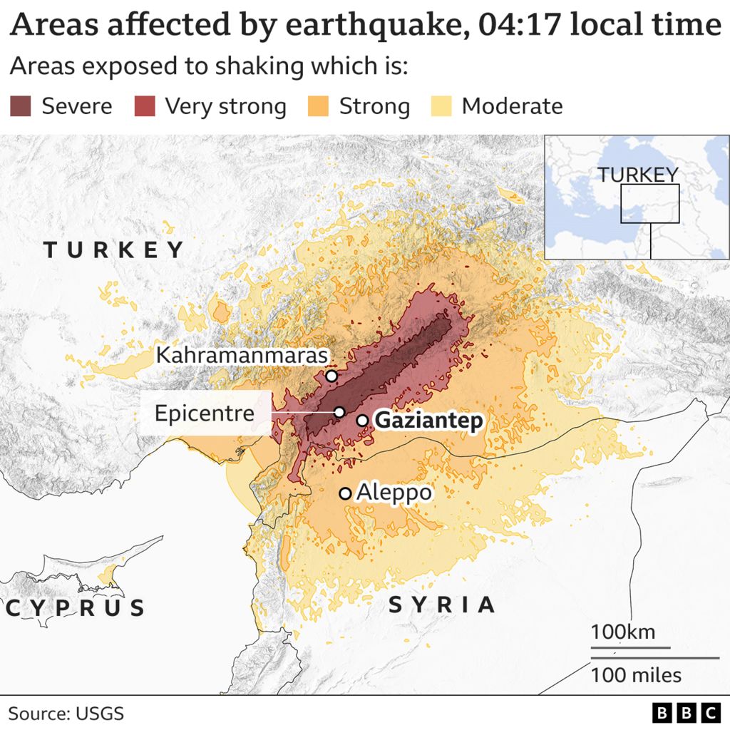 Areas affected by earthquake near Gaziantep