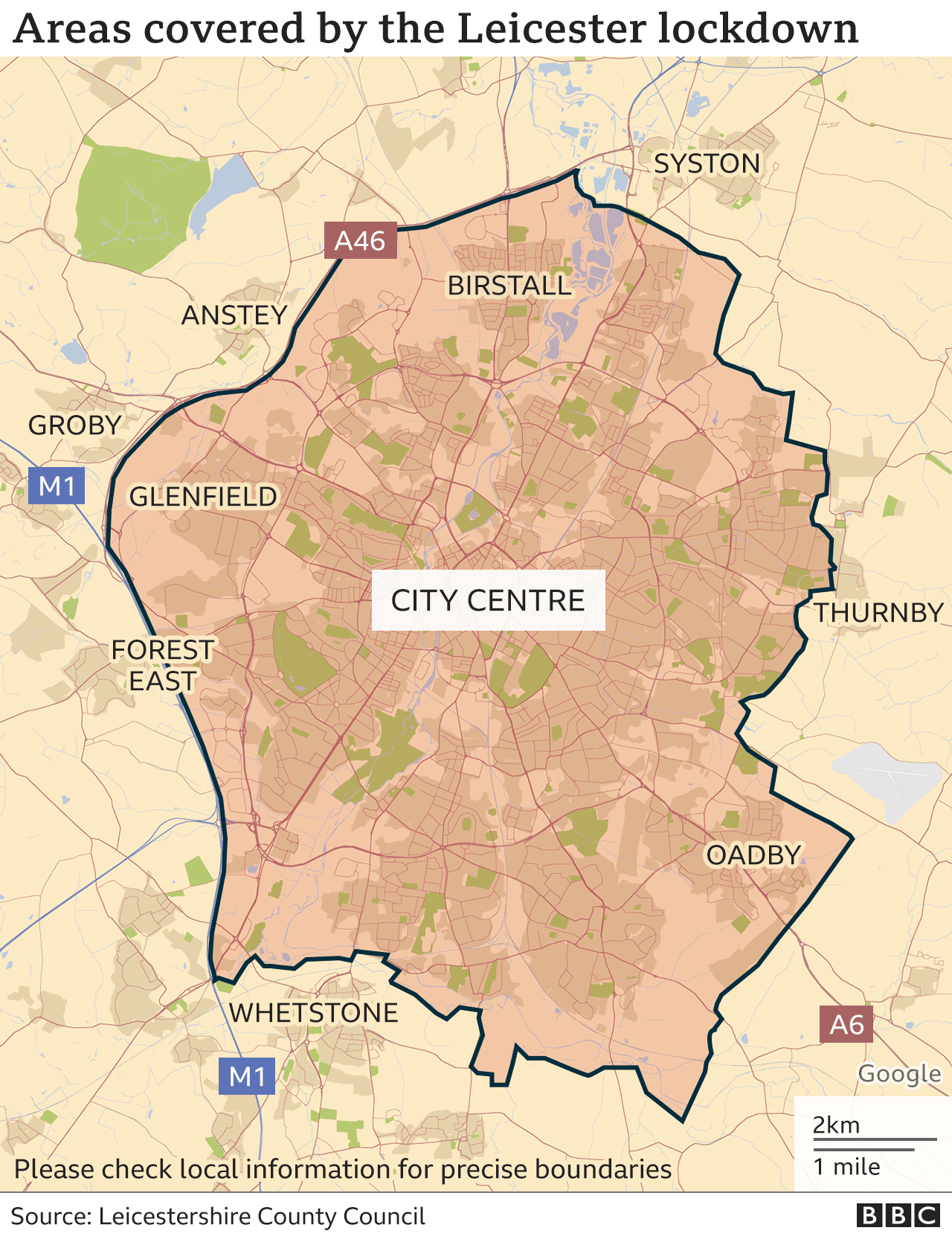 Map showing the area covered by the Leicester lockdown.