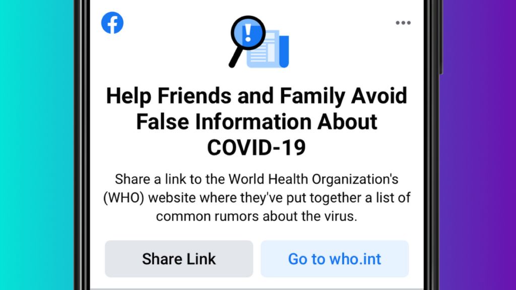 A Facebook alert message: Help friends and family avoid false information about Covid-19