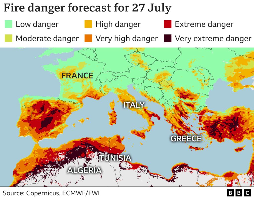 Χάρτης που δείχνει τον κίνδυνο πυρκαγιάς στη νότια Ευρώπη και τη βόρεια Αφρική