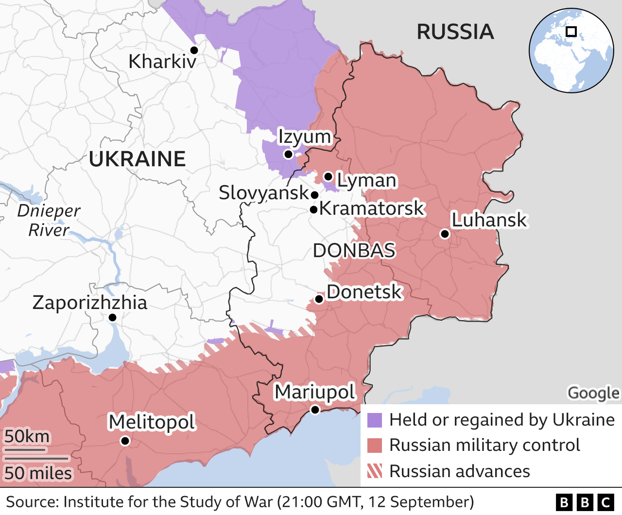 Mapa que muestra el este de Ucrania. Actualizado el 13 de septiembre.