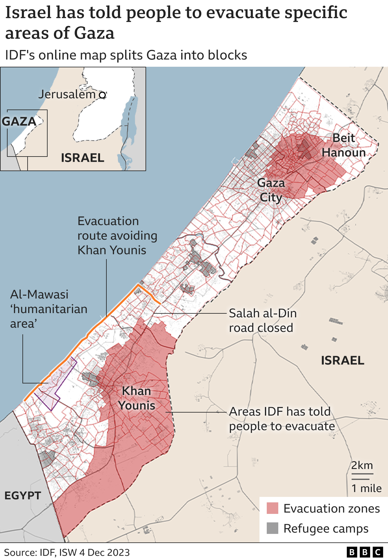 Israeli evacuation orders in effect in Gaza (4 December 2023)