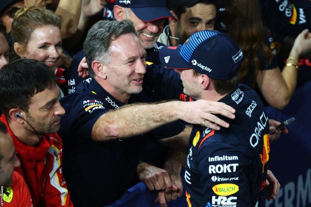 Christian Horner embraces Max Verstappen after the Dutchman won the Saudi Arabian Grand Prix