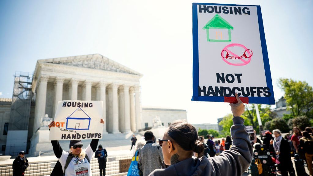 Homeless rights activists hold a rally outside of the U.S. Supreme Court on April 22, 2024